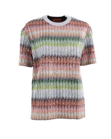 Shop MISSONI  Pull: Missoni t-shirt con paillettes.
Ricamo a zig zag.
Girocollo.
Maniche corte.
Composizione: 47% Viscosa, 26% Poliammide, 20% Poliestere, 7% Fibra metalizzata.
Made in Tunisia.. DS25SL04 BC0051-SM9KP